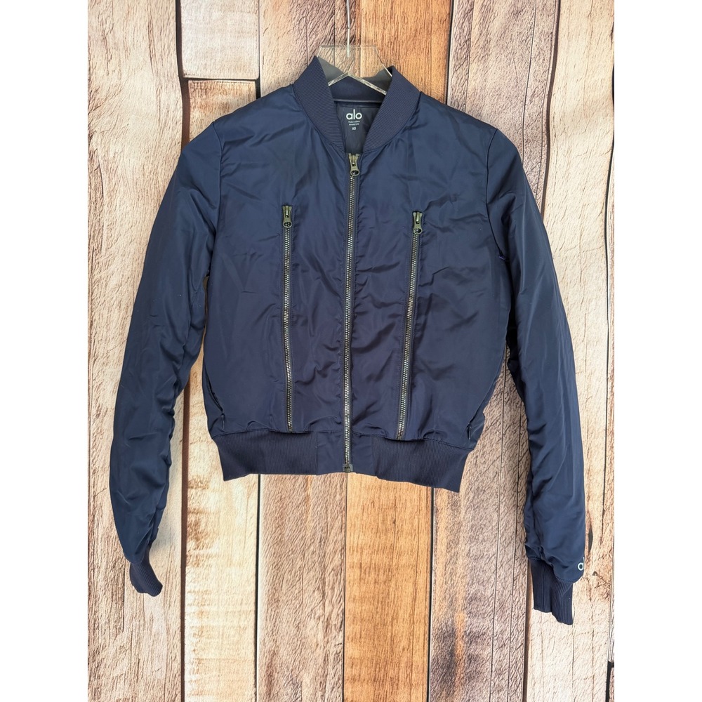 Alo Yoga Off Duty Bomber Jacket Down Filled Navy Blue Athleisure Minimalist XS